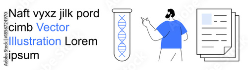 Genetic research, scientific studies, laboratory analysis, data management, healthcare documentation, molecular biology. DNA helix in a test tube, person pointing at papers. Genetic research
