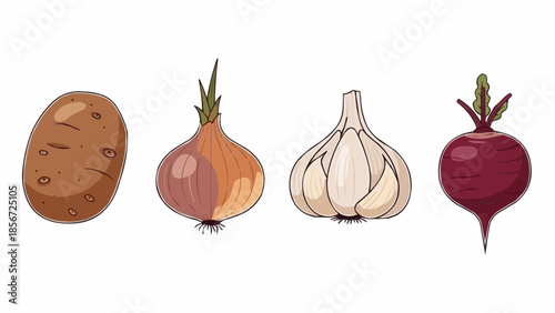 Assorted vegetables including potato, onions, and beetroot displayed in a row against a plain background