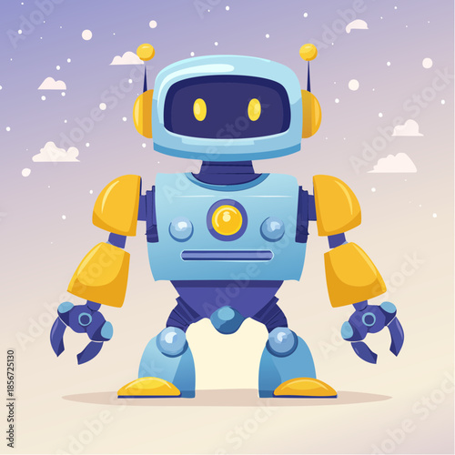 Cartoon robot with blue body and yellow accents standing against a sky background with clouds and stars.