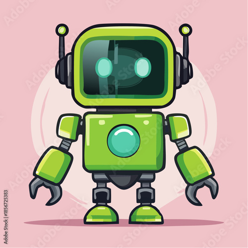 Cartoon illustration of a green robot with a screen face and claw hands.