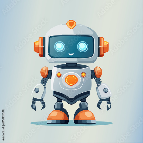 Cute cartoon robot with orange accents and a friendly expression.