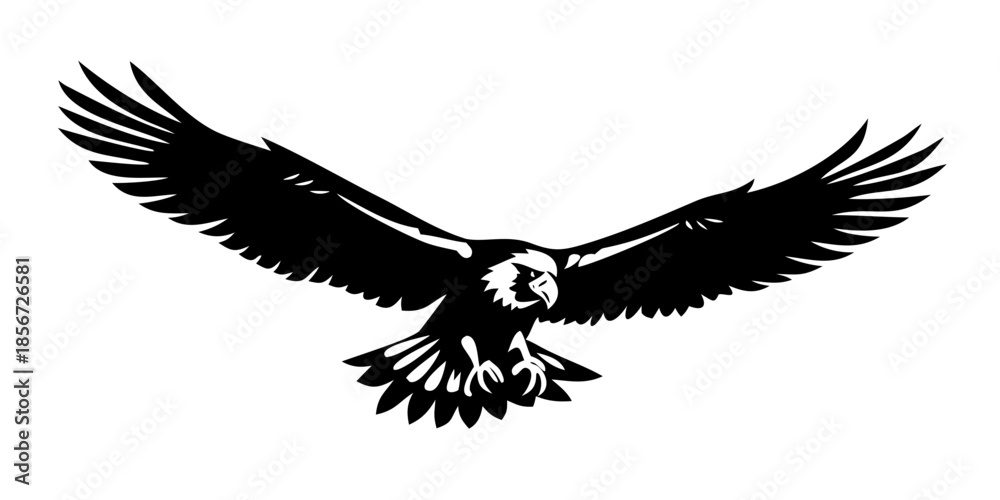 Fototapeta premium Black vector silhouette illustration of a flying eagle with spread wings on a white background