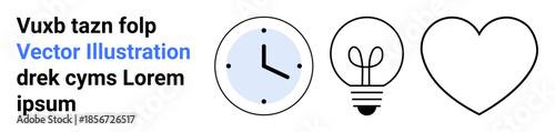 Time management, creativity, innovation, ideas, emotions, and love. A clock, lightbulb and heart icons displayed in a minimalist design. Time management and creativity concept
