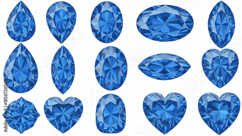 Collection of blue gemstones in various shapes on a white background