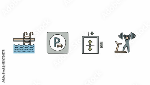Industrial icons depicting water supply, parking, elevator control, and weightlifter in a modern setting