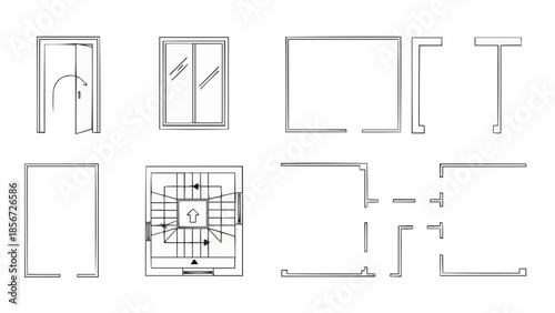 Technical blueprint diagrams illustrating architectural designs and layouts for building structures and interiors from various viewpoints