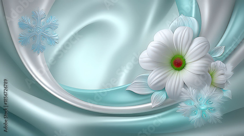 Blue and white background with a white flower in the center