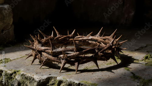 Crown of thorns on coarse stone surface in serene indoor environment, concept of Lent  