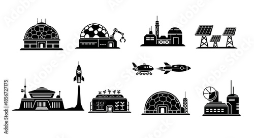 Futuristic space colonies and advanced technology icons depicting innovation, exploration, and sustainable living concepts for forward thinking projects.