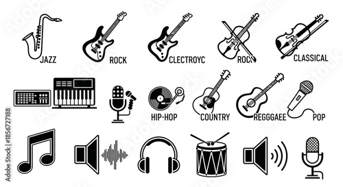 Dynamic collection of iconic musical instruments and audio symbols representing diverse genres like jazz, rock, pop, and classical, perfect for creative projects.