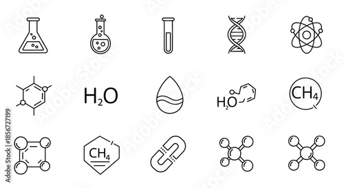 Discover the fundamental building blocks of science with this collection of chemistry icons, molecular structures, and lab essentials, perfect for educational and research projects.