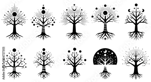 Mystical celestial trees with cosmic elements and intricate root systems, perfect for spiritual branding and modern esoteric designs.