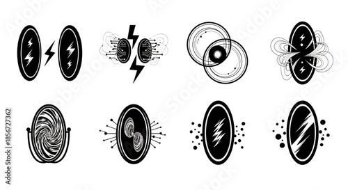 Dynamic collection of abstract tech icons representing electricity, energy, data flow, and modern design elements for innovative concepts