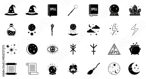 Magical symbols and mystical elements illustrated in a minimalist black and white style, perfect for Halloween, fantasy, and spell-casting concepts.