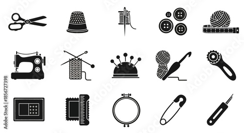 Essential sewing and crafting tools and supplies displayed in clean, modern, minimalist black and white icons, ready for creative projects