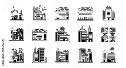 Modern city buildings showcase sustainable energy solutions like solar panels, wind turbines, and eco-friendly designs