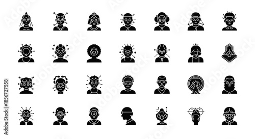 Unique collection of stylized human faces showcasing diverse emotions and expressions with modern, minimalist design for conceptual projects