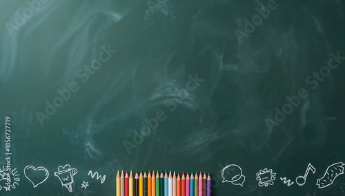 a colorful pencil on the bottom of a blackboard with simple doodles in chalk, ideal for educational or creative projects