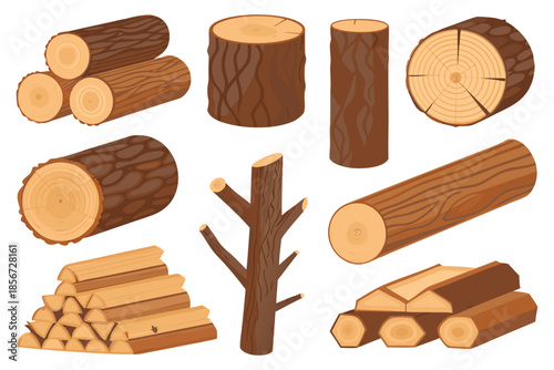Vector illustration of wood materials including logs, branches, boards, and stumps, simple cartoon style.