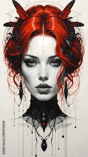 Portrait of fair-skinned woman, adorned with insects, red hair, against off-white patterned backdrop