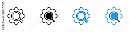 Process Analysis Multiple Style Icon Design Vector - gear combined with a magnifying glass, representing efficiency improvement, system tuning, and performance analysis