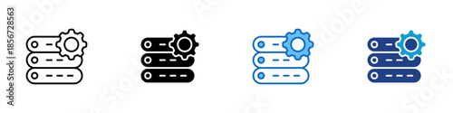 Server Configuration Multiple Style Icon Design Vector - stacked servers with a gear element, representing system setup, infrastructure control, and technical management
