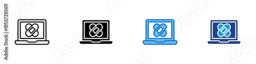 System Update Multiple Style Icon Design Vector - laptop with linked symbols on screen, representing software maintenance, system repair, and compatibility improvement