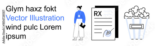 Healthcare, lifestyle, leisure, medical documentation, casual fashion, prescription process. Woman holding paper, prescription form popcorn cup. Healthcare and lifestyle visuals