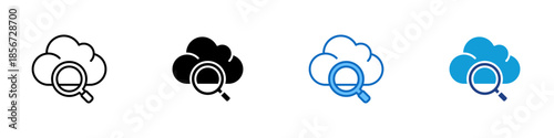 Cloud Analysis Multiple Style Icon Design Vector - cloud shape with a magnifying glass, representing cloud monitoring, data inspection, and remote analysis