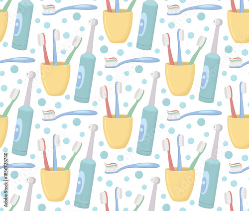 Seamless pattern with electric toothbrush, cup of brushes, toothpaste on toothbrush and bubbles. Colorful oral hygiene background 