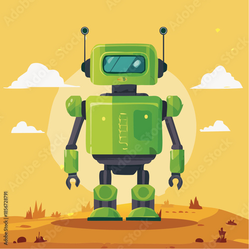 Illustration of a green robot standing in a desert landscape with a bright sun and white clouds in the background.