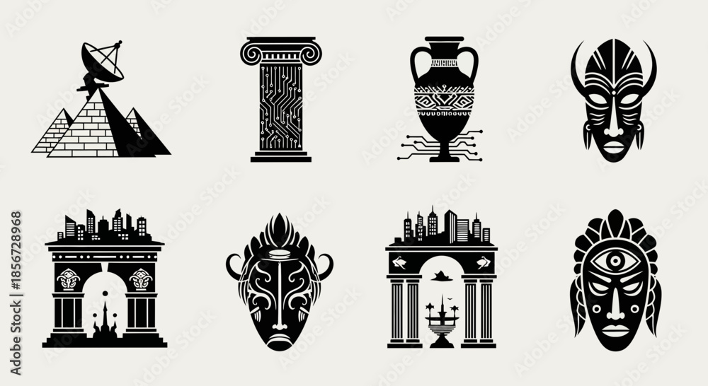 Naklejka premium Explore striking global landmark icons in vector style, perfect for travel, history, or culture projects, each detail showcasing iconic design elements