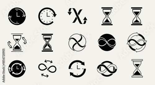 Timeless vector icons for creative projects: a versatile collection of clocks, hourglasses, and infinity symbols offering endless design possibilities