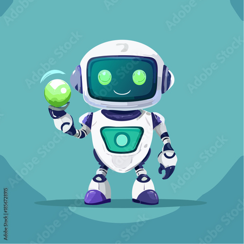 Cartoon robot holding a green ball with a friendly expression.