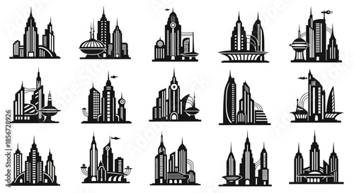 Futuristic cityscapes in sleek black and white, perfect for modern urban designs and visionary architectural projects, showcases future city concepts