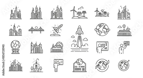 Modern cityscape and global sustainability icons for innovative urban design projects, clean energy solutions, and future-focused environmental initiatives