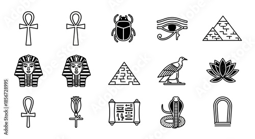Uncover Ancient Egypt's Mystique: Stunning hieroglyphs, Ankh symbols, pyramid, Eye of Horus, and pharaoh icons for your design projects