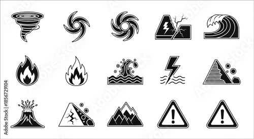 Powerful icons depicting natural disasters like hurricanes, tornadoes, floods, fires, and earthquakes, perfect for educational materials and safety campaigns