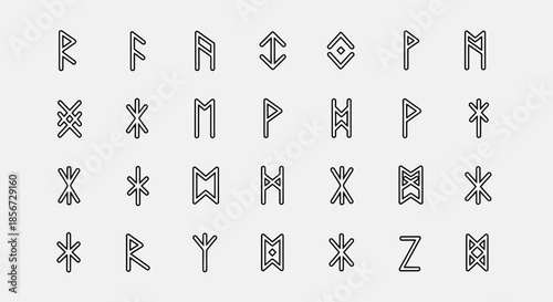 Mystical runes and symbols collection, ancient alphabet for esoteric designs, magical signs for divination, Norse mythology elements for spiritual practices