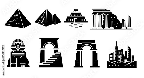 World Landmarks Icon Set, Explore Egypt, Greece, Mexico, and Global Destinations, Journey Through Architectural Wonders, Culture and History Awaits in this Collection