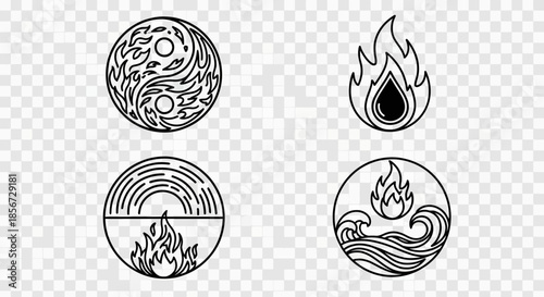 Modern elemental icons representing earth fire water and wind showcasing energy and balance, perfect for wellness brand or spiritual designs, originally a vector graphic