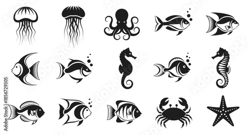 Ocean creature icons for marine life projects: Jellyfish, octopus, fish, seahorse, crab, and starfish in modern vector design for educational resources