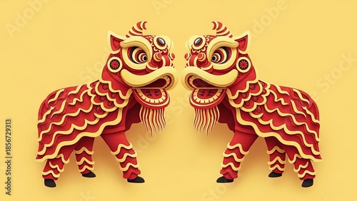 Festive red lion dance figures are symmetrically posed in a detailed paper cut illustration on a vibrant golden yellow background.