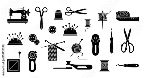 Timeless sewing icons for creative crafts projects, including vintage machine, scissors, pins, and more essential tools for dressmaking and DIY designs