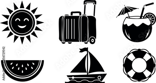 Summer travel icons with sun watermelon sailboat luggage cocktail and lifebuoy vector set