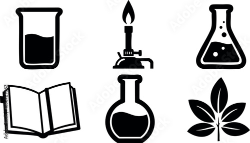 Chemistry laboratory icons with beaker, book, Bunsen burner, flask, and leaf vector set for science education and research