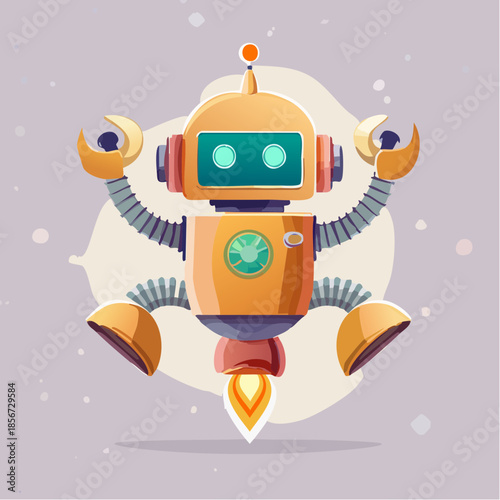 Cartoon robot meditating in lotus position with rocket booster, against a light background.