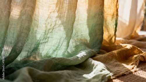 Bohemian hand-dyed sage green ombre linen texture with crinkles