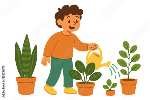 Boy watering houseplants with glowing effect