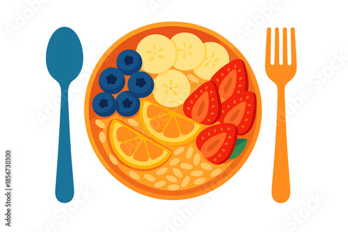 Bowl of Oatmeal with Fruit and Utensils